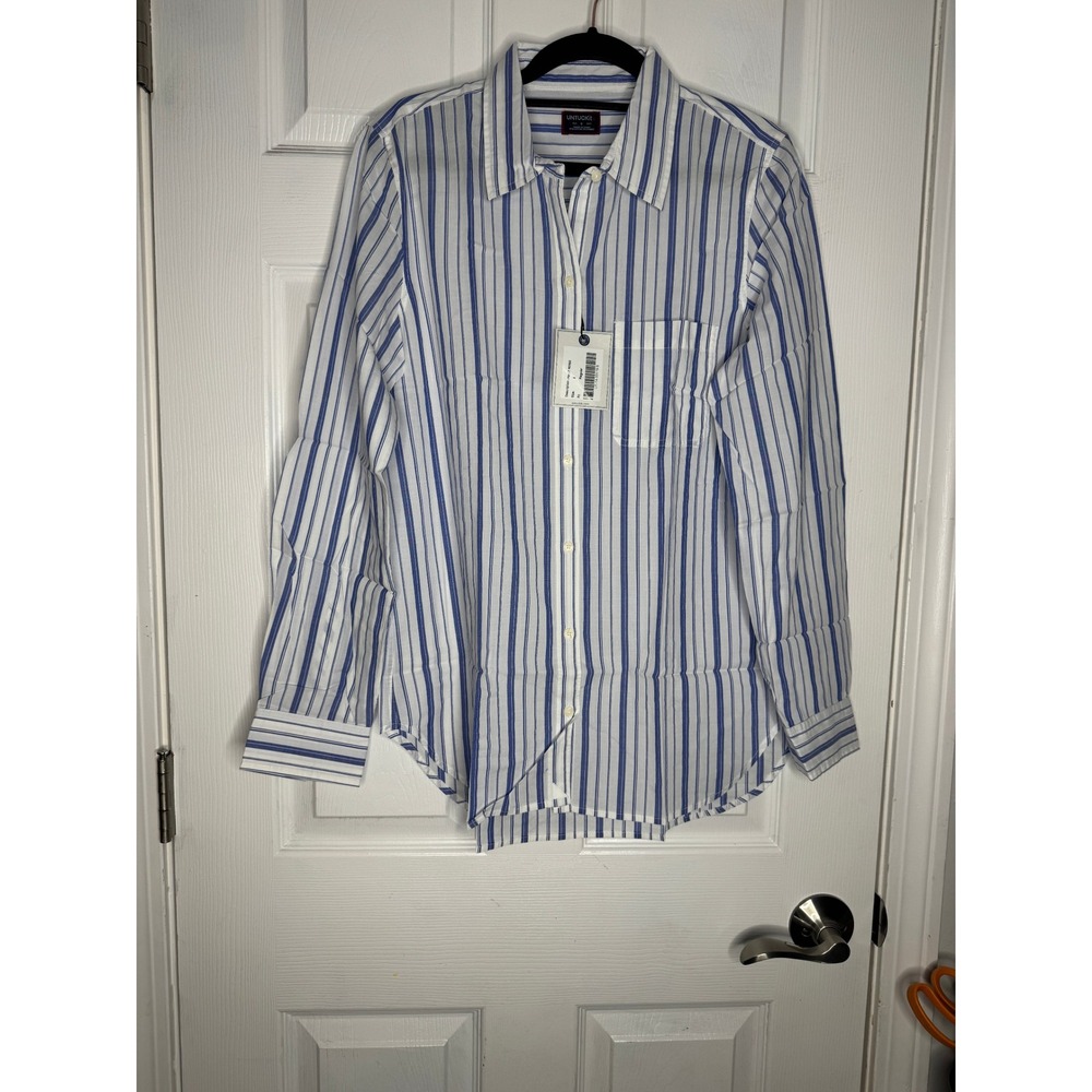 UNTUCKIT NWT Pinot Perse‎ 100% Cotton Blue White Striped Button Down
